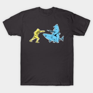 Man vs Bear who has a machine gun who rides a Shark T-Shirt